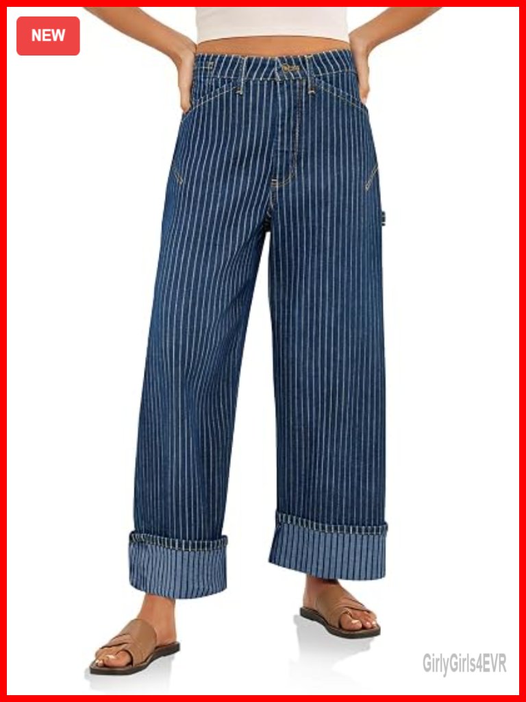 Striped Wide Leg Jeans Baggy Boyfriend High Waisted Cuffed Denim Pants